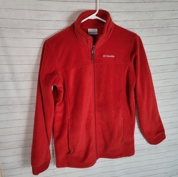 COLUMBIA RED FULL ZIP FLEECE JACKET, SZ LARGE - Picture 1 of 8